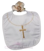 Christening Bib With Fancy Gold Cross & Chain