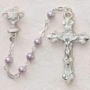 First Communion Rosary Purple Pearl w/Sterling Crucifix & Chalice or Miraculous