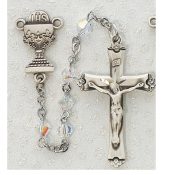 First Communion Rosary TIN CUT CRYSTAL w/Sterling Chalice or Miraculous