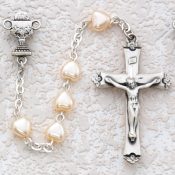First Communion Rosary Pearl Heart w/Sterling Silver Chalice or Miraculous