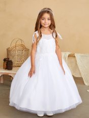 First Communion Dress with Sequin Lace with Beaded Leaf Accent