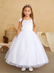 First Communion Dress Satin Lace Mesh Neckline Cap Sleeves for Girls