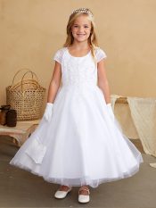 First Communion Dress With Lace Mesh Bodice Cap Sleeves