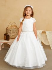 First Communion Dress with Lace Bodice Accents and Cap Sleeves