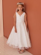 A Line Allover Beaded Lace First Communion Dress with V Back