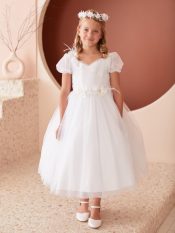 First Communion Dress Puff sleeve with 3d flower and feathers