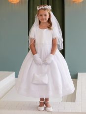 First Communion Dress Lace Trim Sleeve Pearl Waist