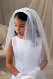 First Communion Headband Veil with Satin Flowers and Pearls