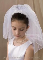 First Communion Headband Veil with Organza Flowers