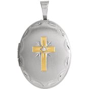 Oval Cross Christian Locket  Two Tone Sterling Silver w/Diamond