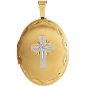 Oval Cross Christian Locket  Two Tone Gold Over Sterling Silver  w/Diamond
