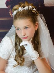First Communion Bun Wrap Veil with Roses