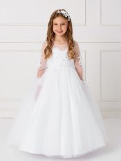Long Sleeves Holy Communion Dress with with Detachable Train