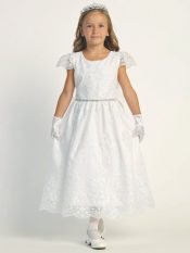 First Communion Dress with Embroidered Overlay Lace Cap Sleeves
