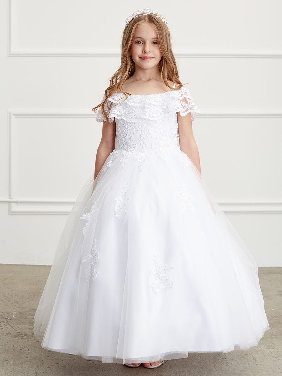 Double layer lace overlay off shoulder First Communion dress with lace applique skirt