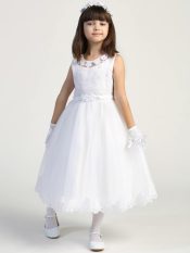 Embroidered First Communion Dress with Flower Neckline