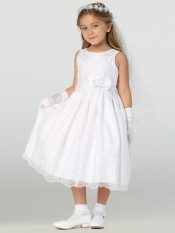 Embroidered organza First Communion dress with satin ribbon trim