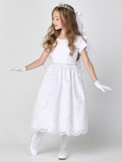 First Communion Dress Satin Bodice Corded Embroidery