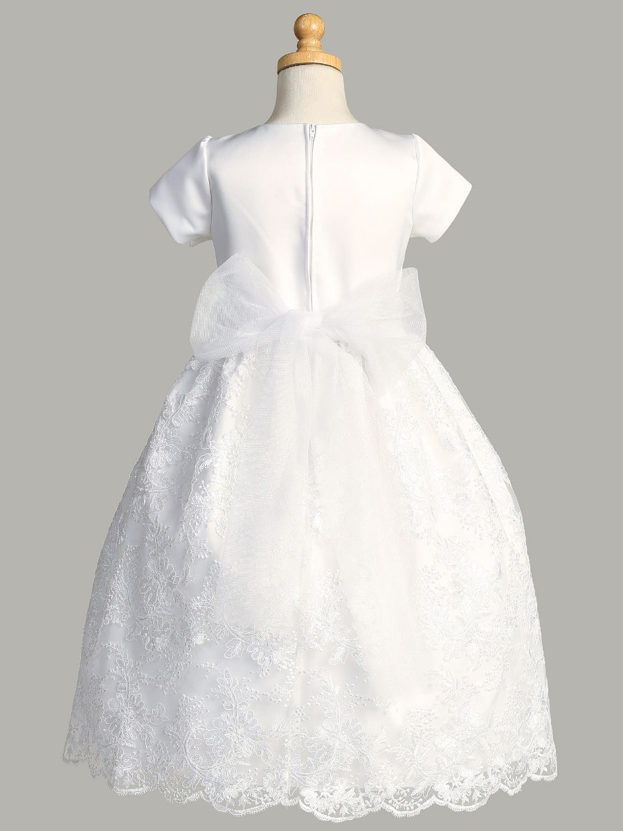 First Communion Dress Satin Bodice Corded Embroidery with Sleeves