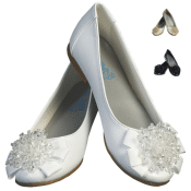 girls white First communion shoes Flats with crystal bead bow.