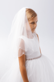 First Communion Veil with Beaded Scallop Edge with Sequin Flowers