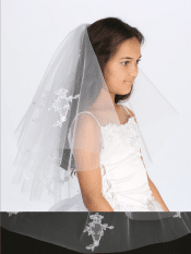 First Communion Veil with Raw Edge and Lace Applique