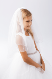 First Communion Veil with Scalloped Edge with Beading