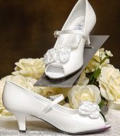 girls white First communion shoes 1.5" heel with pearled satin flowers and strap