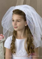 First Communion Headband Veil with Lace Flowers and Rhinestones