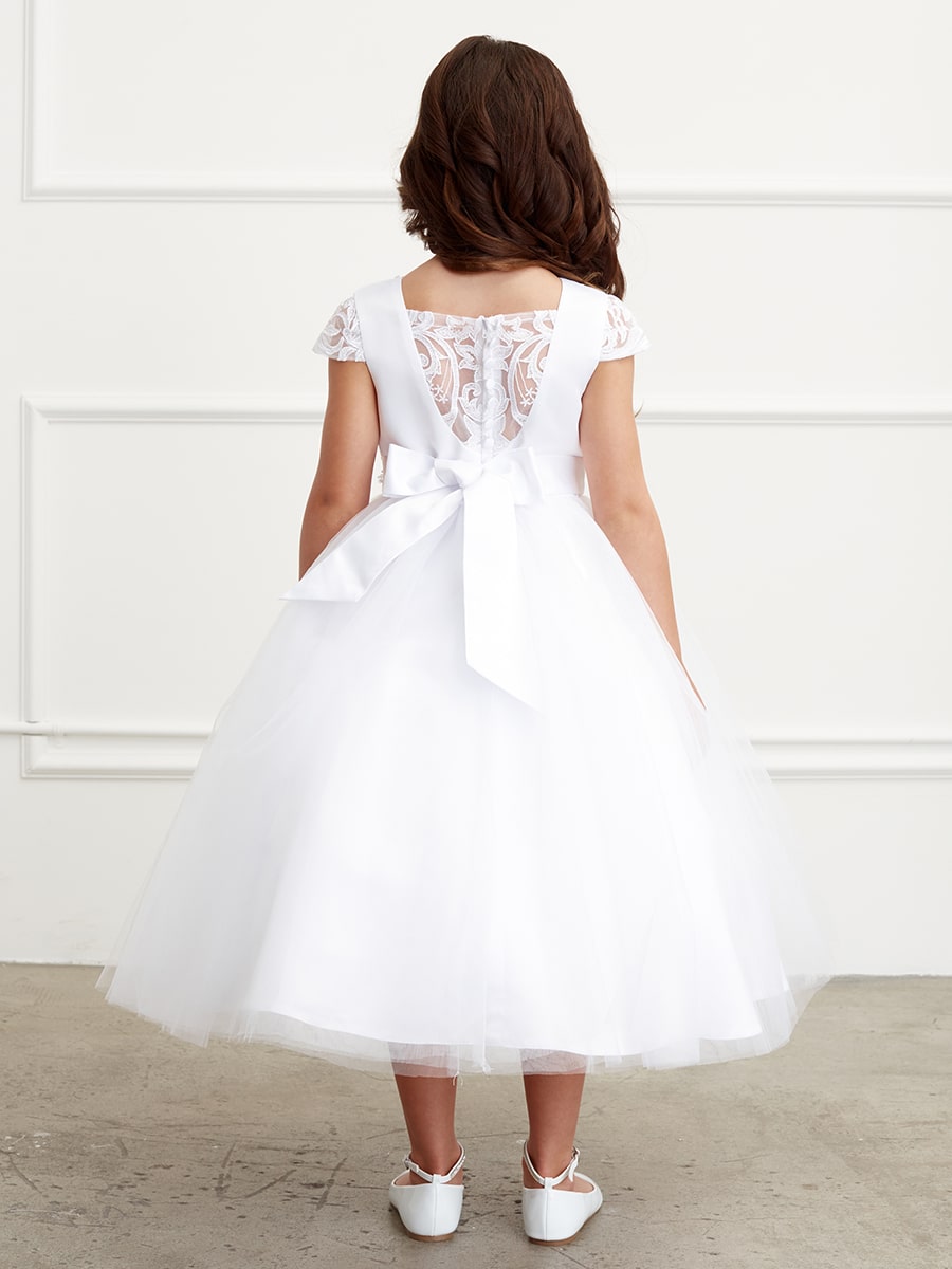 Lace Cap Sleeved First Communion Dresses with Lace Overlay and Pearl Waistline