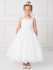 Plus Size Ankle Length First Communion Dress Illusion neckline with lace hem