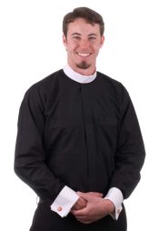 Men's Black Long Sleeve Neckband Collar Clergy Shirt With White French Cuffs