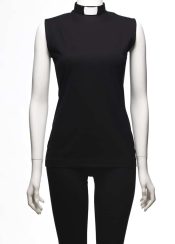 Women's Black Sleeveless Slim Fit Tab Collar Knit Clergy Top