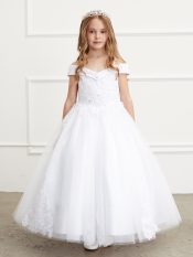 Off Shoulder Lace Applique Girls First Communion Dress