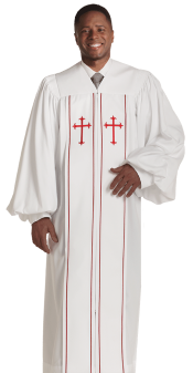 Pastor Robe  White with Red Piping Crosses
