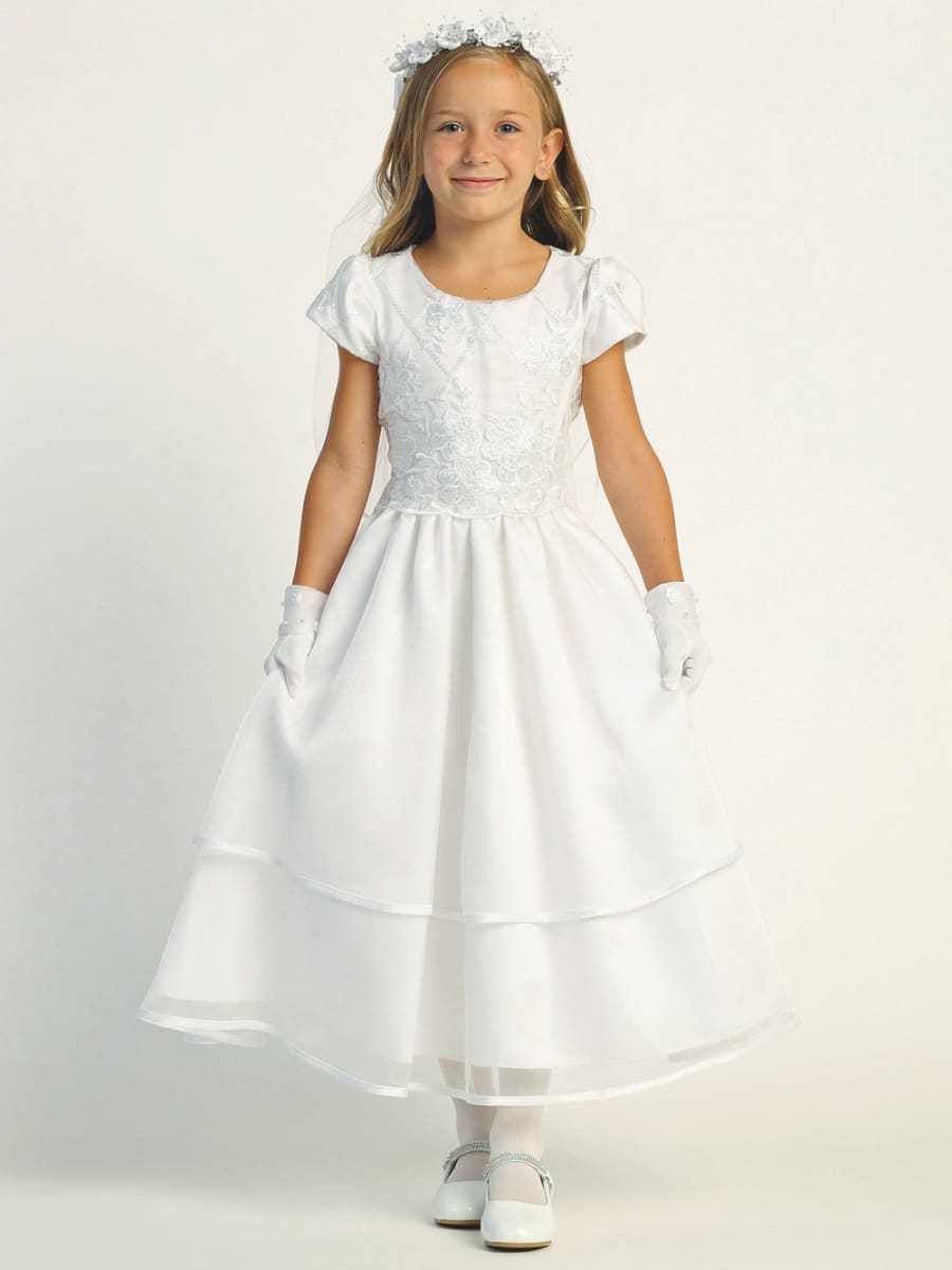 Embroidered Tulle First Communion Dress with Layered Skirt
