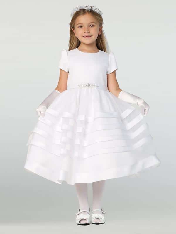 Short Sleeve Satin First Communion Dress with Satin Trim Skirt