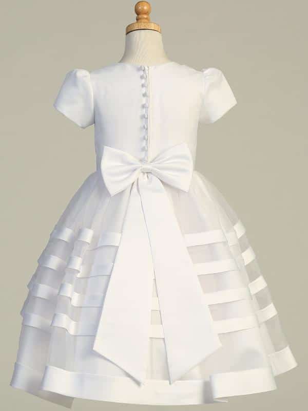 Short Sleeve Satin First Communion Dress with Satin Trim Skirt Satin Bow