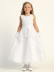 Satin A Line First Communion Dress with Embroidered Overlay