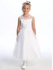 First Communion Dress Embroidered tulle with pearls and sequins Sheer Neckline