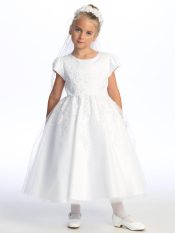 First Communion Dress Cap Sleeves Embroidered tulle with beads and sequins