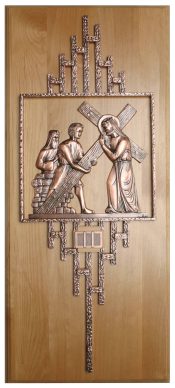 Statuary Bronze Stations of the Cross on Red Wood