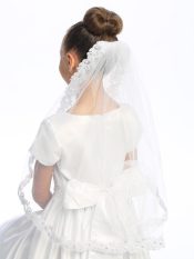 First Holy Communion Veil on comb with corded lace trim and 'Guadalupe'