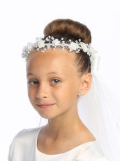 First Communion Veil Corded Flowers with pearl accents