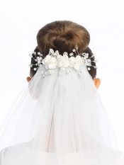 First Communion Comb Veil Satin Flowers and Pearls