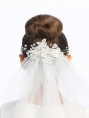 First Communion Comb Veil Satin Flowers and Pearls