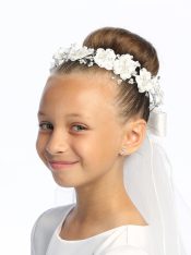 First Communion Wreath Veil satin flowers, beads, pearls & rhinestones