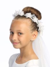 First Communion Wreath Veil satin rose flowers & rhinestones