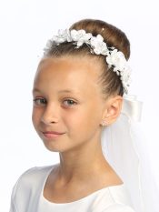 First Communion Veil Organza Rosebud  Flowers Pearls and Rhinestones