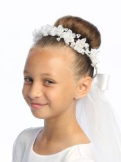 First Communion Veil Organza Rosebud  Flowers Pearls and Rhinestones